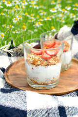 Yogurt with granola and strawberries in a glass on natural background Summer picnic