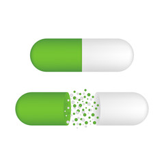 Capsule pill. Small balls pouring from an open medical capsule. Vector stock illustration.