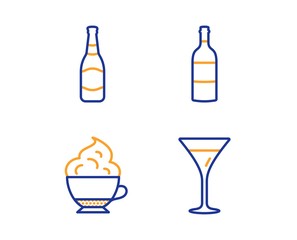 Wine bottle, Beer bottle and Cappuccino cream icons simple set. Martini glass sign. Cabernet sauvignon, Brewery, Coffee with whipped cream. Wine. Food and drink set. Linear wine bottle icon. Vector
