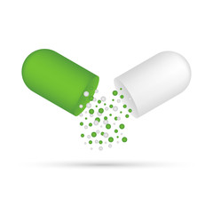 Capsule pill. Small balls pouring from an open medical capsule. Vector stock illustration.