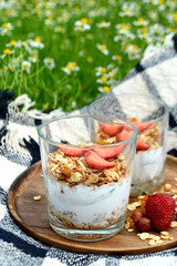 Yogurt with granola and strawberries in a glass on natural background Summer picnic