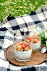 Yogurt with granola and strawberries in a glass on natural background Summer picnic
