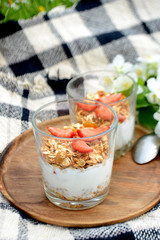 Yogurt with granola and strawberries in a glass on natural background Summer picnic