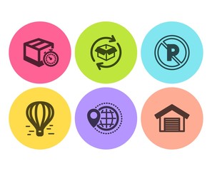 World travel, Delivery timer and No parking icons simple set. Air balloon, Return parcel and Parking garage signs. Map pointer, Express logistics. Transportation set. Flat world travel icon. Vector