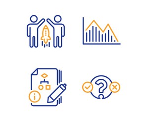 Investment graph, Partnership and Algorithm icons simple set. Quiz test sign. Investment infochart, Business startup, Project. Select answer. Education set. Linear investment graph icon. Vector