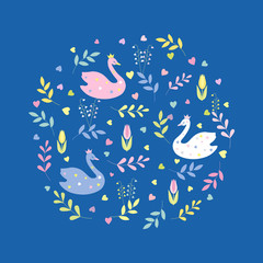 Fototapeta na wymiar Cute cartoon swans, flowers, leaves, hearts. Decorative composition in a circle. Vector isolated on blue background.