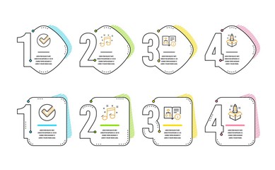 Verify, Technical algorithm and Musical note icons simple set. Startup sign. Selected choice, Project doc, Music. Innovation. Education set. Infographic timeline. Line verify icon. 4 options or steps