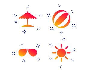 Fototapeta na wymiar Beach holidays icons. Ball, umbrella and sunglasses signs. Summer sun symbol. Random dynamic shapes. Gradient beach icon. Vector