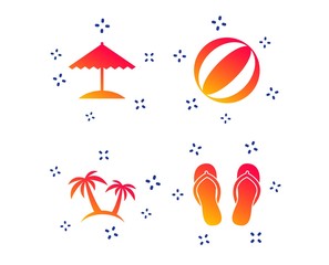 Fototapeta na wymiar Beach holidays icons. Ball, umbrella and flip-flops sandals signs. Palm trees symbol. Random dynamic shapes. Gradient travel icon. Vector
