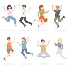 Jumping people set. Happy men and women jump in different poses. Isolated vector illustration