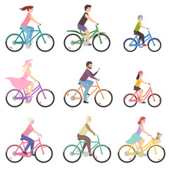 Bicycle riding set. People of different gender and age riding on various types bicycles. Active family vacation. Isolated vector illustration