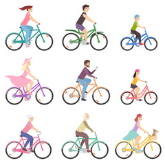 Naklejka premium Bicycle riding set. People of different gender and age riding on various types bicycles. Active family vacation. Isolated vector illustration