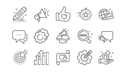 Brand social project line icons. Business strategy, Megaphone and Representative. Influence campaign, social media marketing, brand ambassador icons. Linear set. Vector