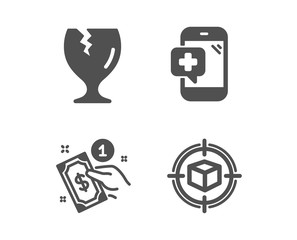 Set of Payment method, Fragile package and Medical phone icons. Parcel tracking sign. Give money, Safe shipping, Mobile medicine. Box in target.  Classic design payment method icon. Flat design