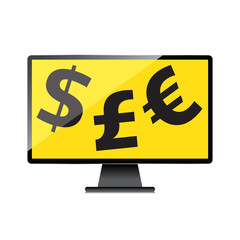 High-quality computer display, monitor screen with the Euro, Dollar and Pound symbol. Economy concept.
