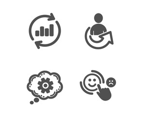 Set of Update data, Cogwheel and Share icons. Customer satisfaction sign. Sales chart, Engineering tool, Referral person. Happy smile.  Classic design update data icon. Flat design. Vector