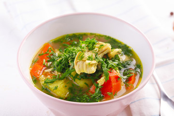 Tasty soup with chicken and vegetables. closeup