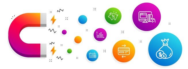Magnet attracting. Calendar, Online payment and Credit card icons simple set. Diagram graph, Loan percent and Cash signs. Calculator device, Money. Finance set. Line calendar icon. Vector