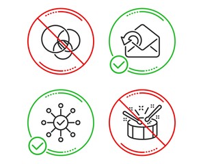 Do or Stop. Euler diagram, Send mail and Survey check icons simple set. Drums sign. Relationships chart, Sent message, Correct answer. Drumsticks. Education set. Line euler diagram do icon. Vector
