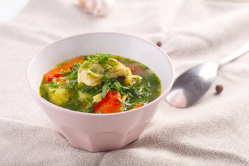 Tasty soup with chicken and vegetables. closeup