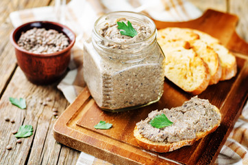Lentil black bean mushroom pate with glasses of wine