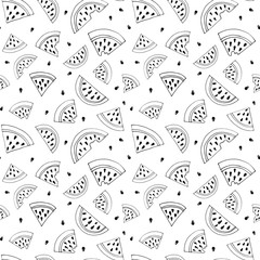 Slice of watermelon seamless pattern. Illustration in black and white. Coloring page, paper book. 