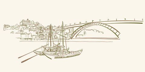 Porto Panorama drawing - obrazy, fototapety, plakaty