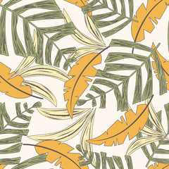 Seamless pattern with yellow tropical flowers on a beige background. Vector design. Jungle print. Floral background.