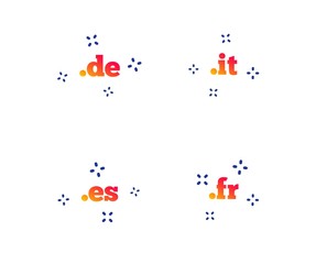 Top-level internet domain icons. De, It, Es and Fr symbols. Unique national DNS names. Random dynamic shapes. Gradient domain icon. Vector