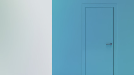 Blue framed closed door with wall with a white space on the left