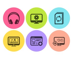 Favorite, Online video and Update document icons simple set. Headphones, Monitor settings and Seo signs. Star feedback, Video exam. Business set. Flat favorite icon. Circle button. Vector