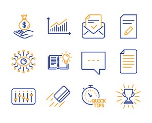 Approved mail, Blog and Graph icons simple set. Credit card, File and Artificial intelligence signs. Edit document, Product knowledge and Quick tips symbols. Line approved mail icon. Colorful set