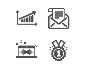 Set of Mail newsletter, Chart and Music making icons. Approved sign. Open e-mail, Presentation chart, Dj app. Winner badge.  Classic design mail newsletter icon. Flat design. Vector