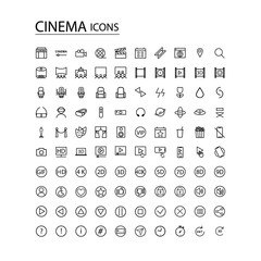 Set icons modern cinema. Contains such icons as movie, clip, virtual reality, popcorn, tickets,3d glasses, award and more.