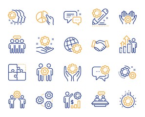 Employees benefits line icons. Business strategy, handshake and people collaboration. Teamwork, social responsibility, people relationship icons. Growth chart, employees benefits. Vector