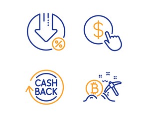 Buy currency, Cashback and Loan percent icons simple set. Bitcoin mining sign. Money exchange, Refund commission, Decrease rate. Cryptocurrency pickaxe. Finance set. Linear buy currency icon. Vector