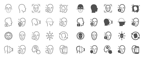 Face recognition line icons. Set of Facial biometrics detection, scanning and unlock system icons. Facial scan, identification, Face id. Confirmed person, Biometrics access, Unlock smartphone. Vector
