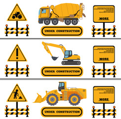 Construction Crew Vehicles machinery building truck industry equipment vector illustration. Build tractor architecture digger engineering, worker loader banner.
