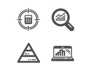 Set of Pyramid chart, Data analysis and Calculator target icons. Graph laptop sign. Report analysis, Magnifying glass, Audit. Mobile report.  Classic design pyramid chart icon. Flat design. Vector