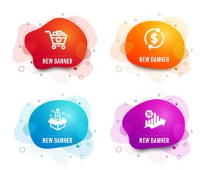 Liquid badges. Set of Add products, Dollar exchange and Startup icons. Loan percent sign. Shopping cart, Banking rates, Innovation. Growth chart.  Gradient add products icon. Flyer fluid design