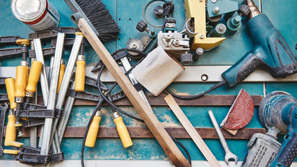 Construction. Design. Build. Image of woodworking tools