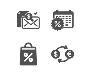 Set of Calendar discounts, Accounting report and Shopping bag icons. Currency exchange sign. Shopping, Check finance, Supermarket discounts. Banking finance.  Classic design calendar discounts icon