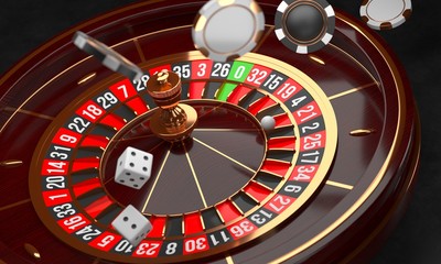 Naklejka premium Casino background. Luxury Casino roulette wheel on black background. Casino theme. Close-up wooden casino roulette with a ball, chips and dice. Poker game table. 3d rendering illustration.