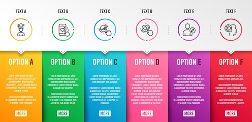 Edit user, Heart rating and Seo target icons simple set. Graph chart, Student and Writer signs. Profile data, Phone feedback. People set. Infographic template. 6 steps timeline. Business options