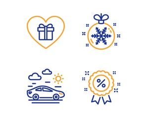 Romantic gift, Christmas ball and Car travel icons simple set. Discount sign. Surprise with love, Snowflake, Transport. Sale shopping. Holidays set. Linear romantic gift icon. Colorful design set