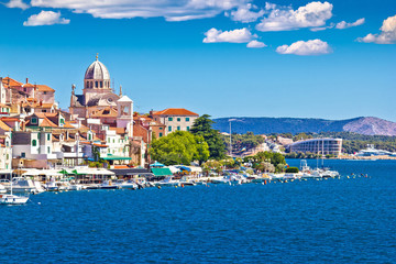 Old Sibenik historic waterfront and UNESCO cathedral view - obrazy, fototapety, plakaty