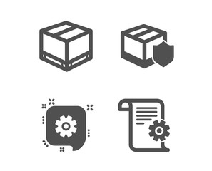 Set of Delivery insurance, Delivery box and Cogwheel icons. Technical documentation sign. Parcel protection, Cargo package, Engineering. Manual.  Classic design delivery insurance icon. Flat design