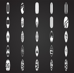 Surfboard icons set on black background for graphic and web design. Simple vector sign. Internet concept symbol for website button or mobile app.