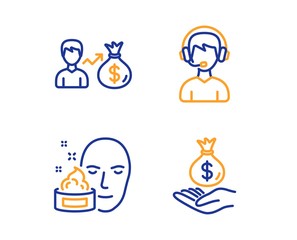 Face cream, Consultant and Sallary icons simple set. Income money sign. Gel, Call center, Person earnings. Savings. People set. Linear face cream icon. Colorful design set. Vector