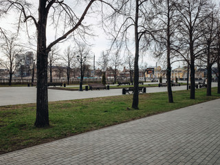 Chelyabinsk city park area in the center of the city with a monument on it